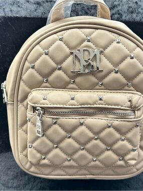 Badgley Mischka Beige Quilted Mini Backpack with Stud Detail